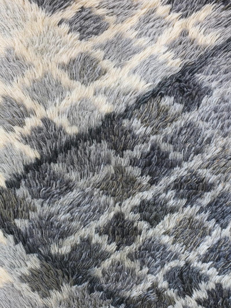 Close-up texture detail of gray wool rya rug showing dense pile
