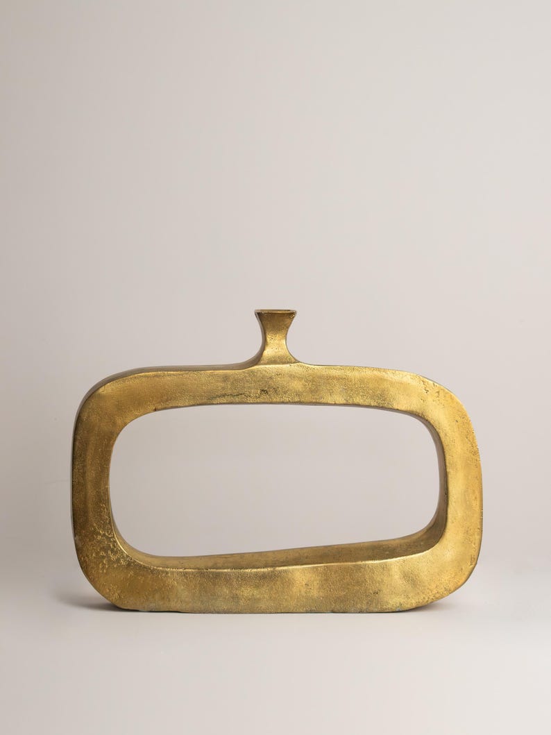Brass Open Center Vase, Brutalist Sculptural Vessel 1970s — side angle