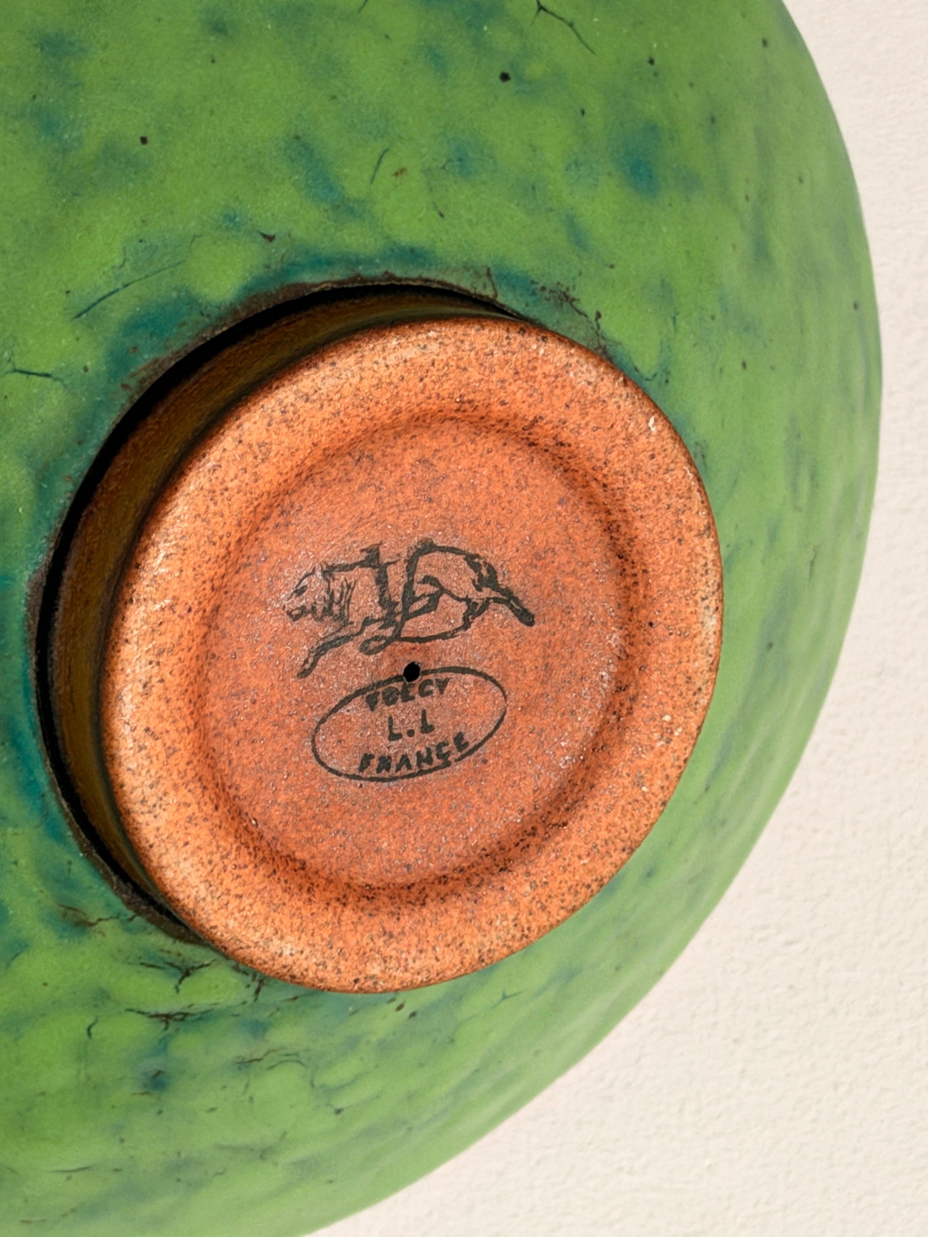 Ceramic Bowl by Louis Lorioux, France, circa 1930 — top view of green ceramic glaze