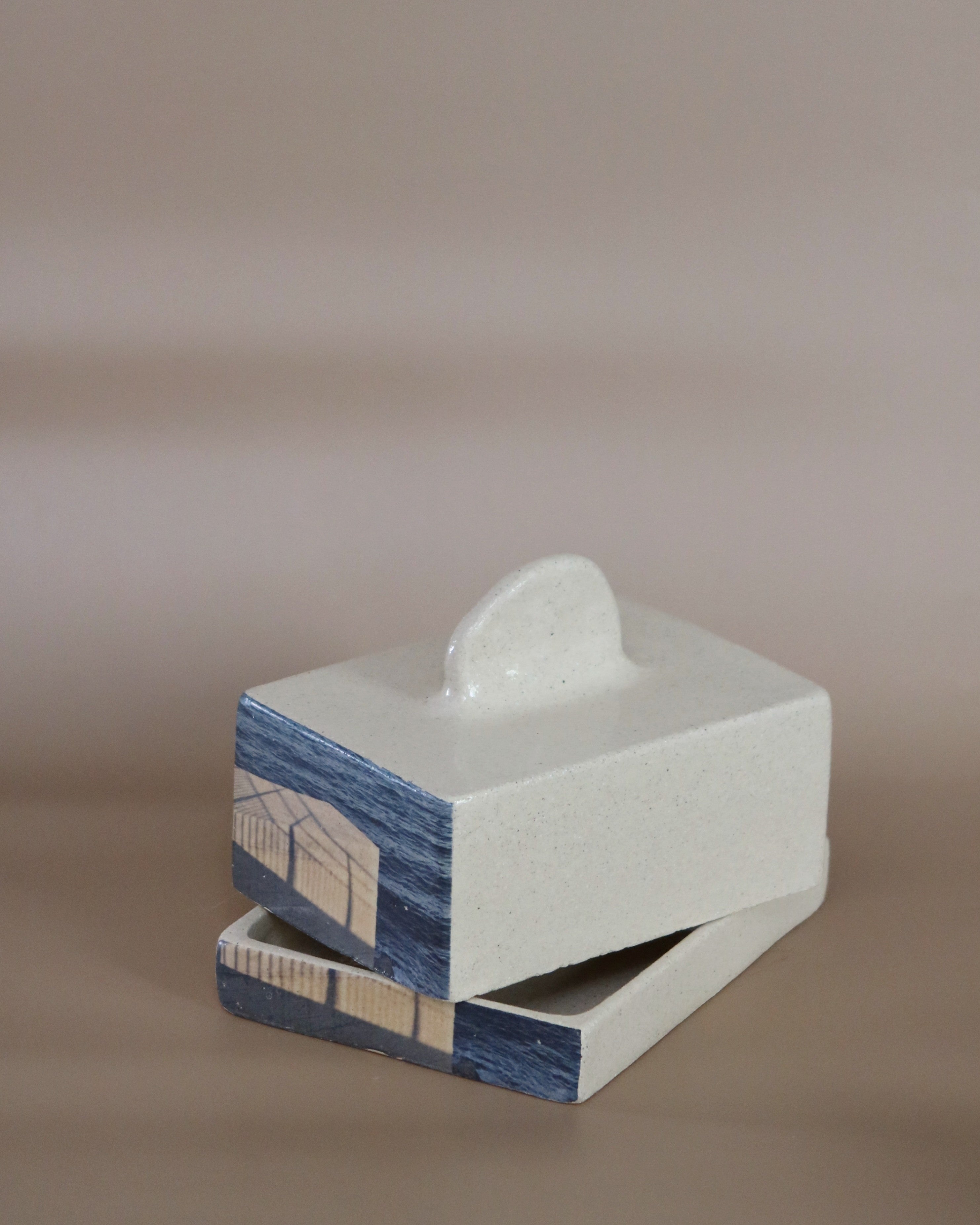 Butter Dish in Stoneware with Marseille Print — side angle