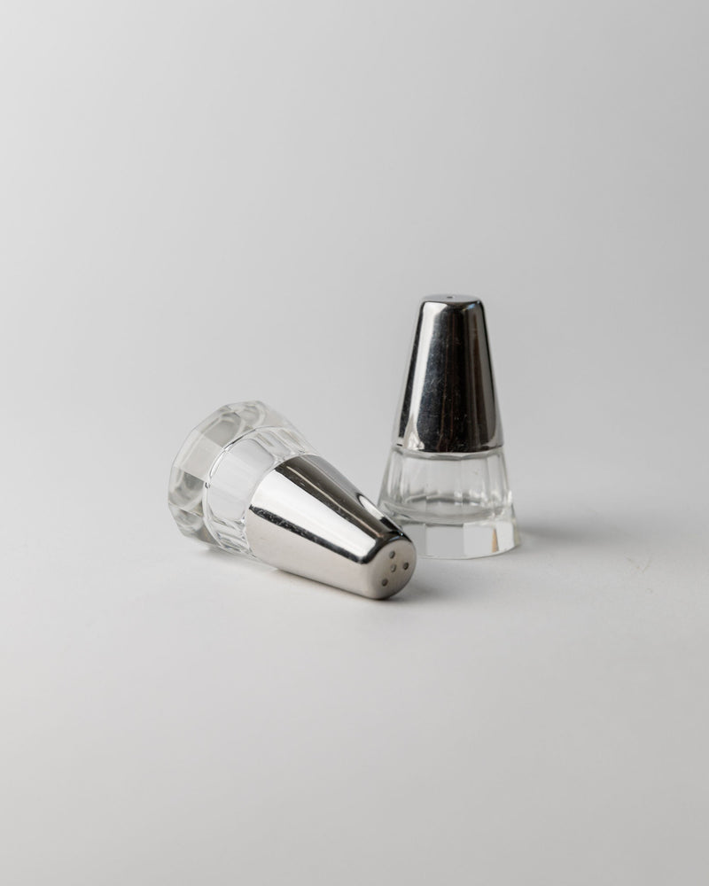 Salt and Pepper Shakers, Italy 1950s — close-up of glass and metal details