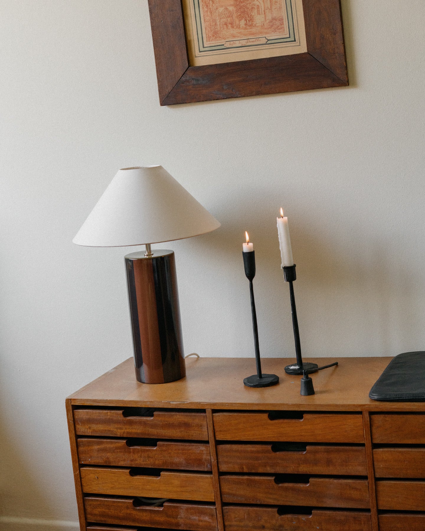 Ombrellina" Table Lamp - Blackberry Syrup & Ginger Bread — side angle on wooden dresser