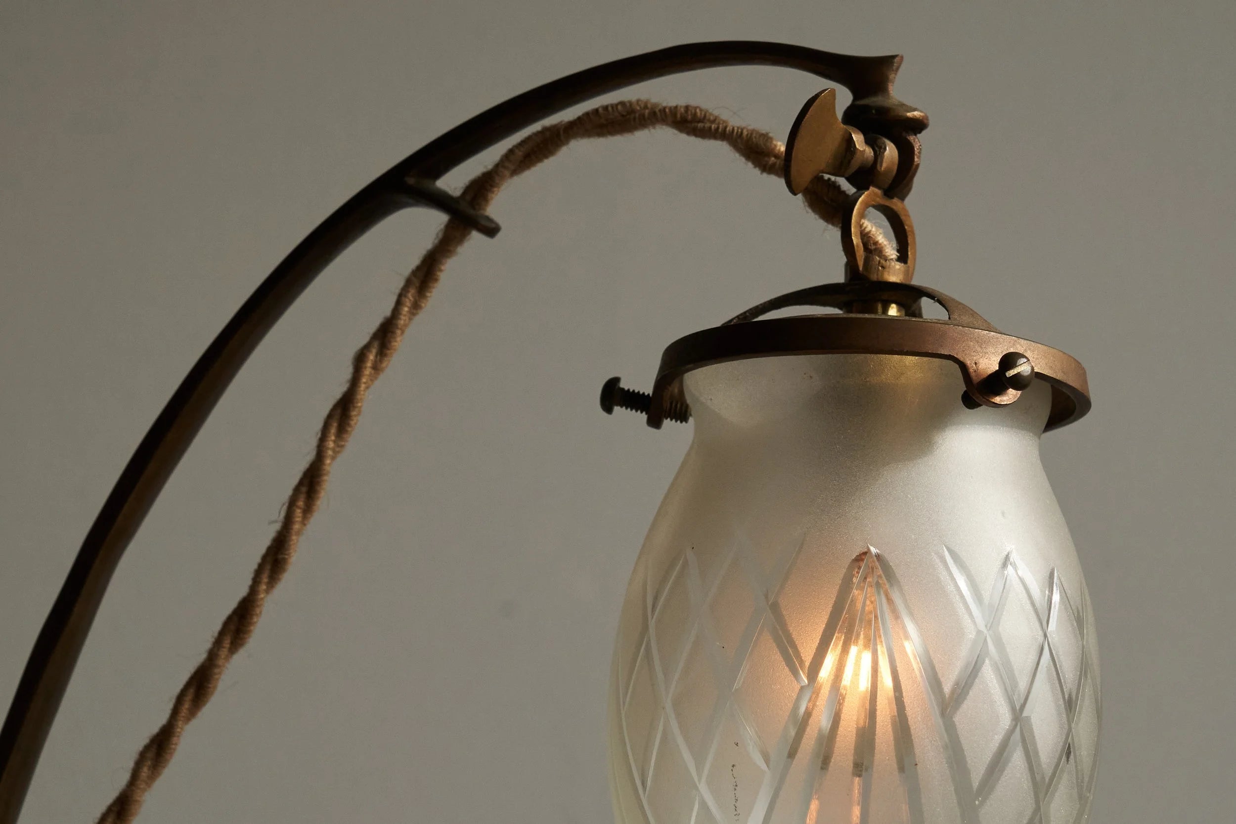 Art Nouveau Table Lamp in Sand Cast Brass and Etched Glass 1920s — side angle