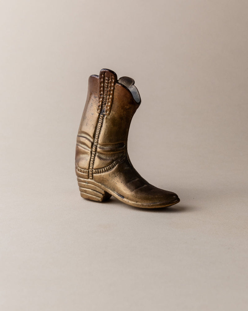 Brass Cowboy Boot Candle Holder, Italy 1980s — close-up of antique brass finish
