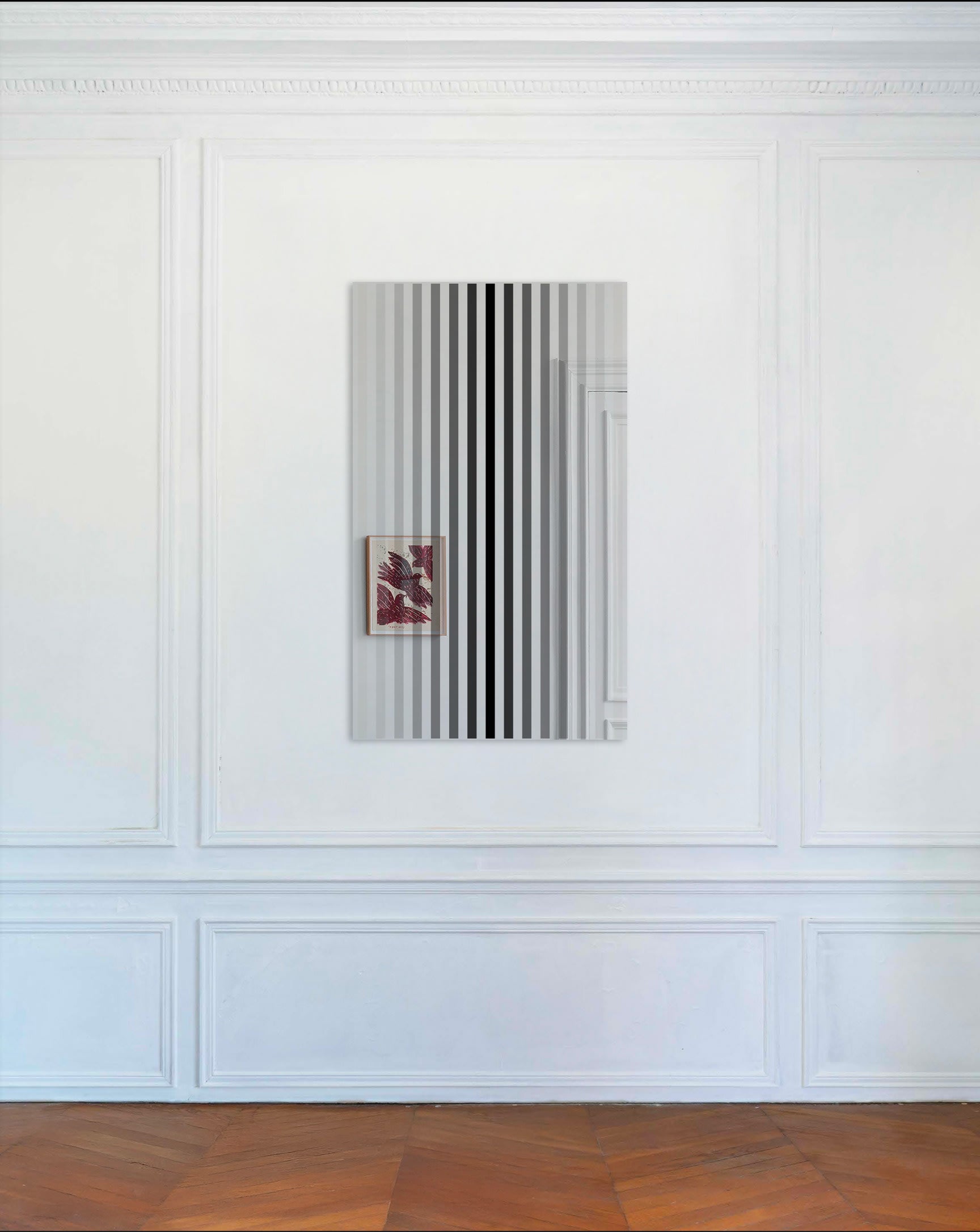 Minimalism mirrored Sculpture - OSMOSE BANDE DE 2 N°8 — displayed on white wall with artwork