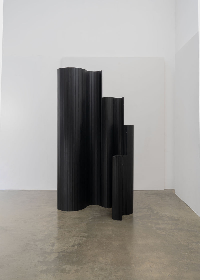 Sculptural Tambour Screen in Fumed Poplar by Tom Roberts — close-up of curved black wooden panels
