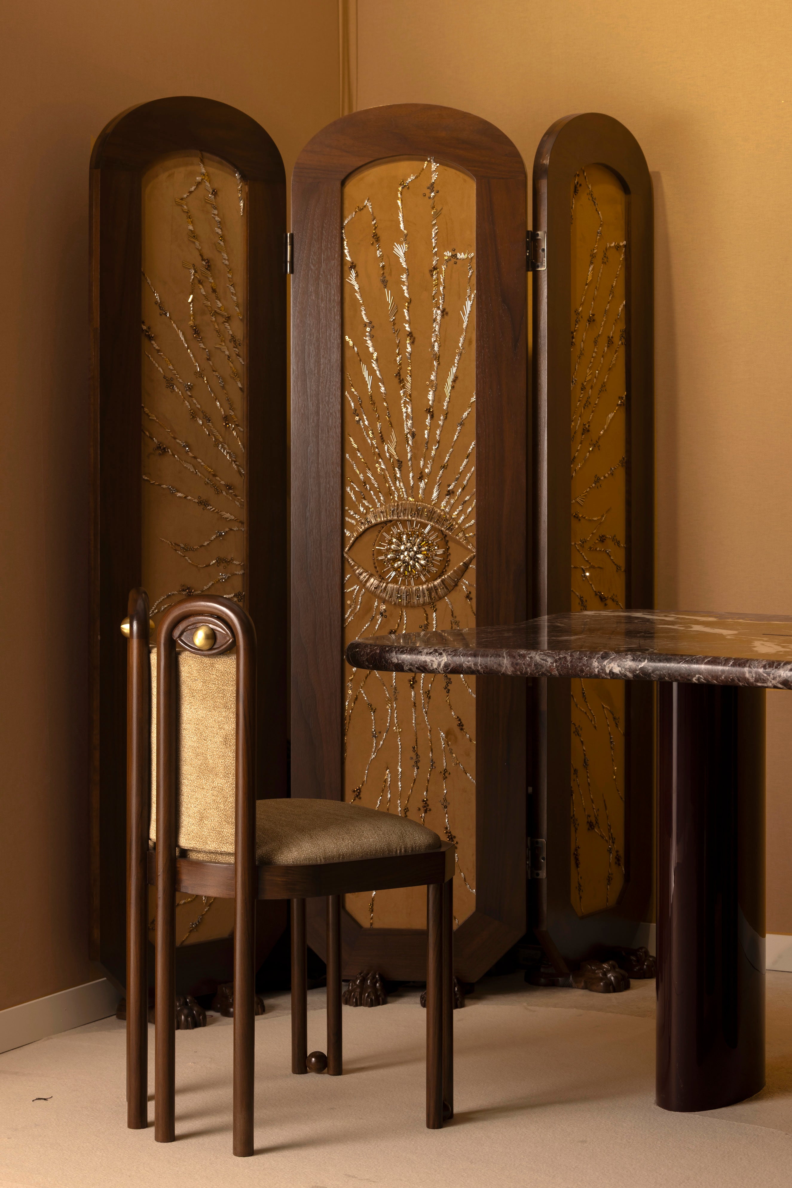DĪDA Chair I – Solid Dark Walnut with Dedar Fabric Upholstery — side angle