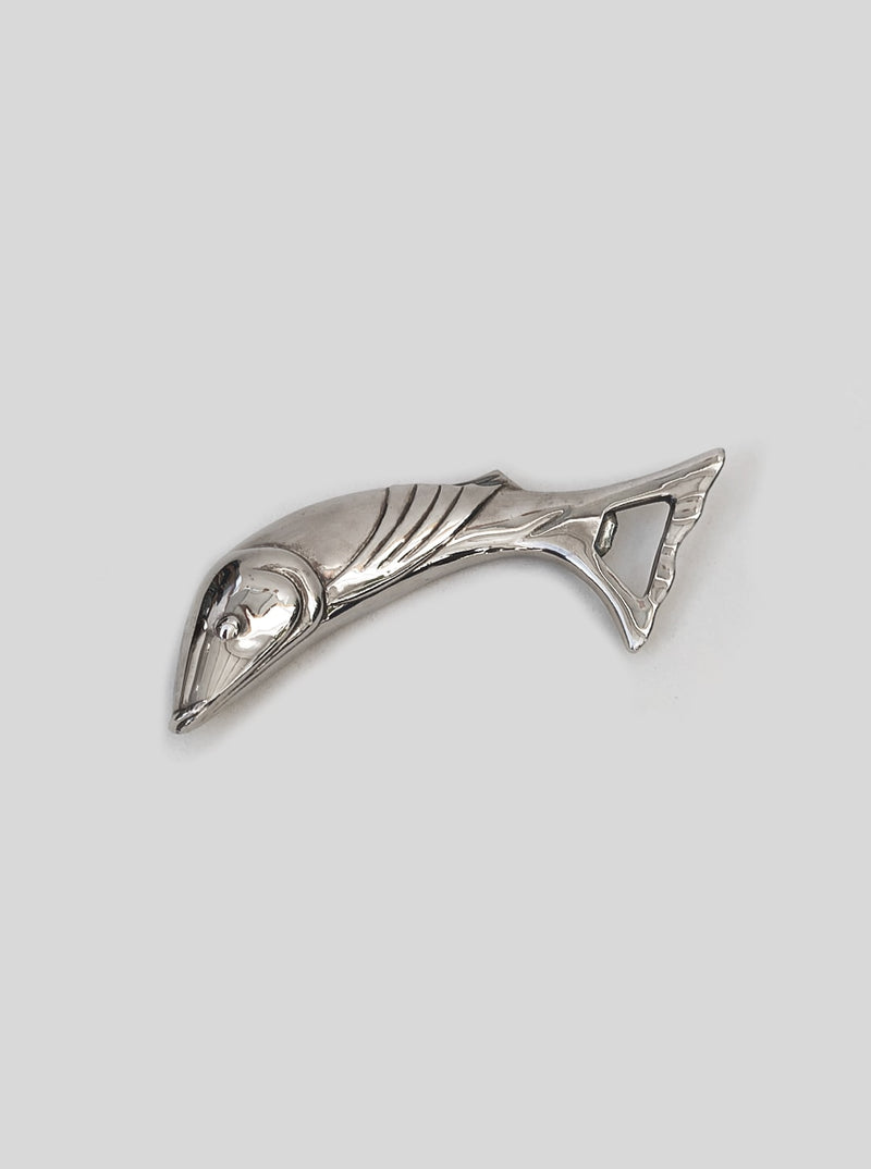 Art Deco Fish Bottle Opener — close-up of polished metal surface