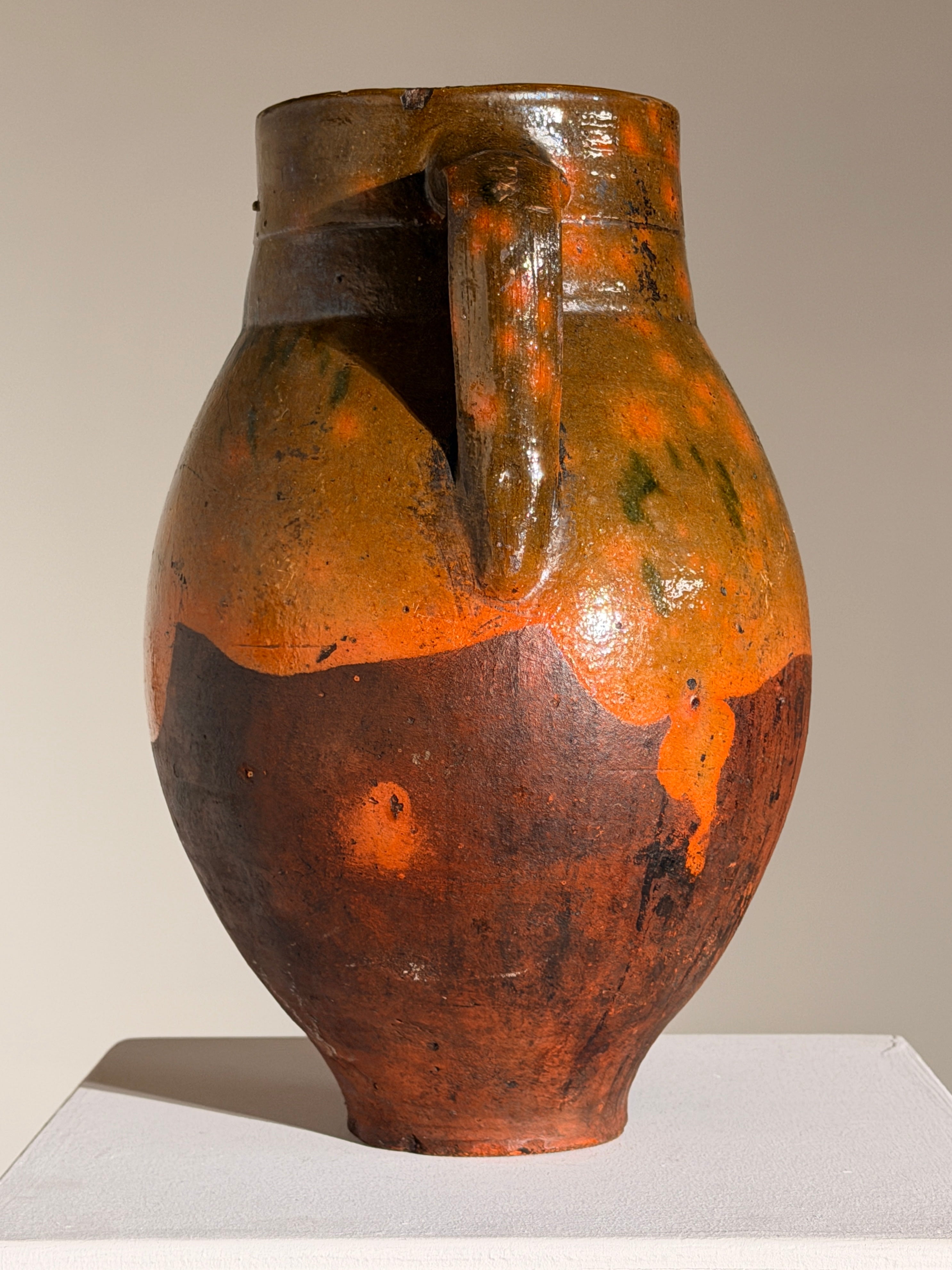 Ceramic Jar, French Folk Art, late 19th century — side view highlighting orange and black glaze