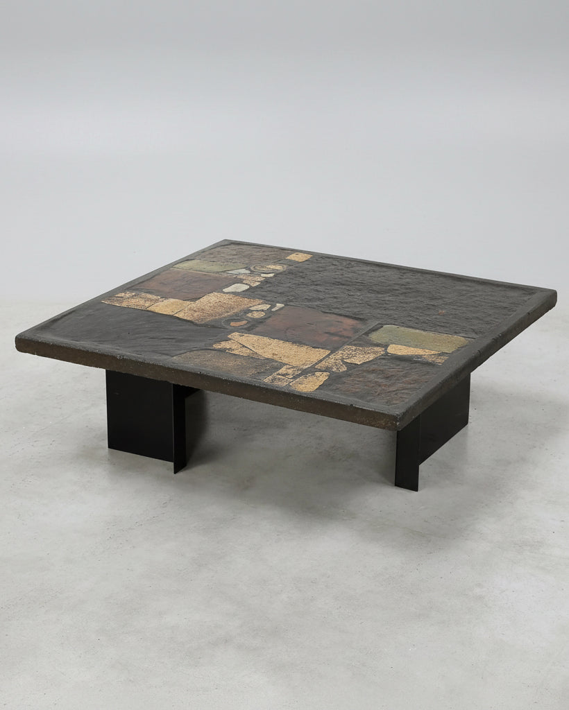 Paul Kingma Slate, Stone, and Brass Inlaid Coffee Table, 1970's by Introverso | The Oblist