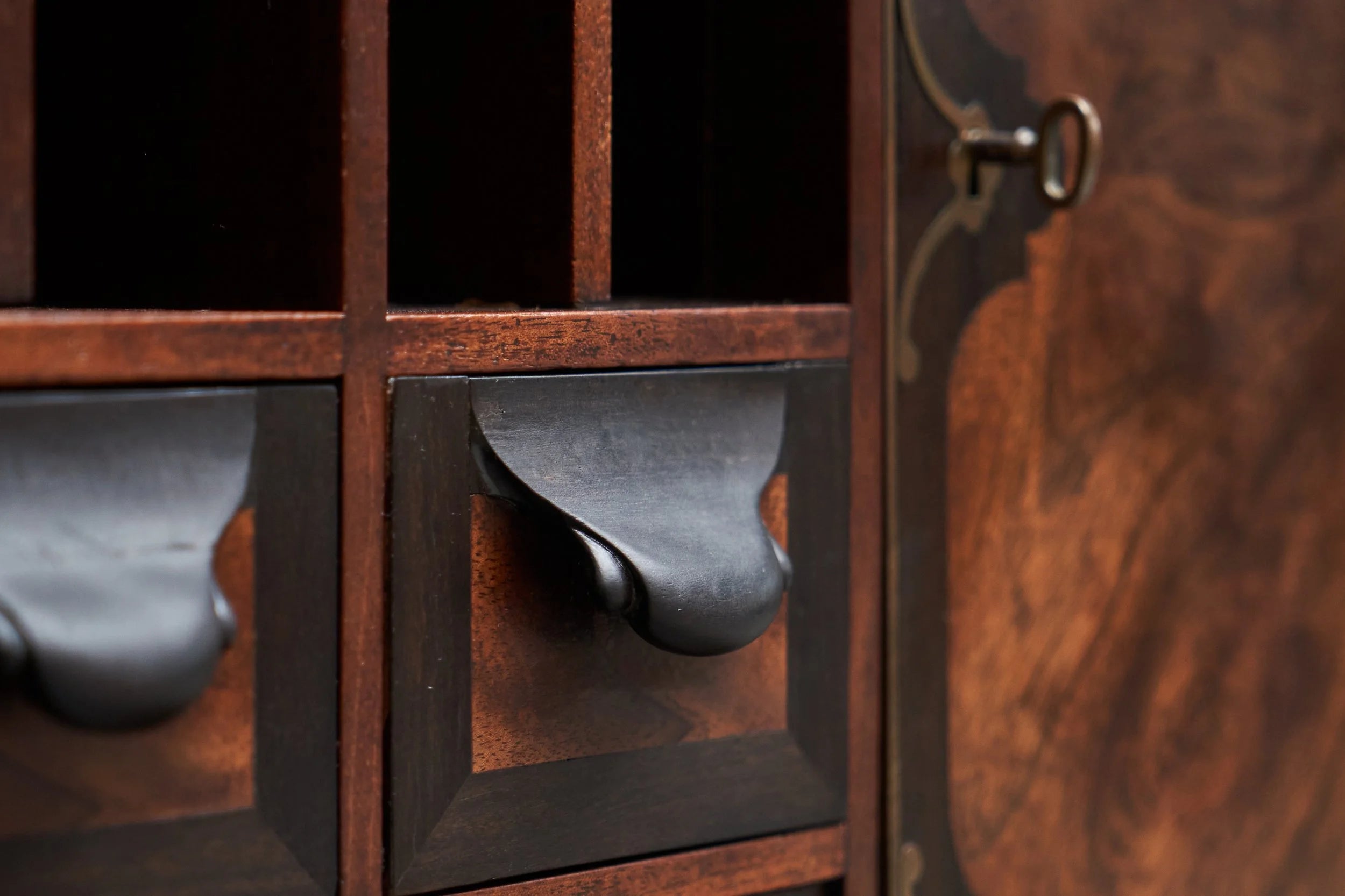 Exceptional Secretary Desk in Mahogany, Walnut, Ebony and Brass, Early 20th Century — additional view