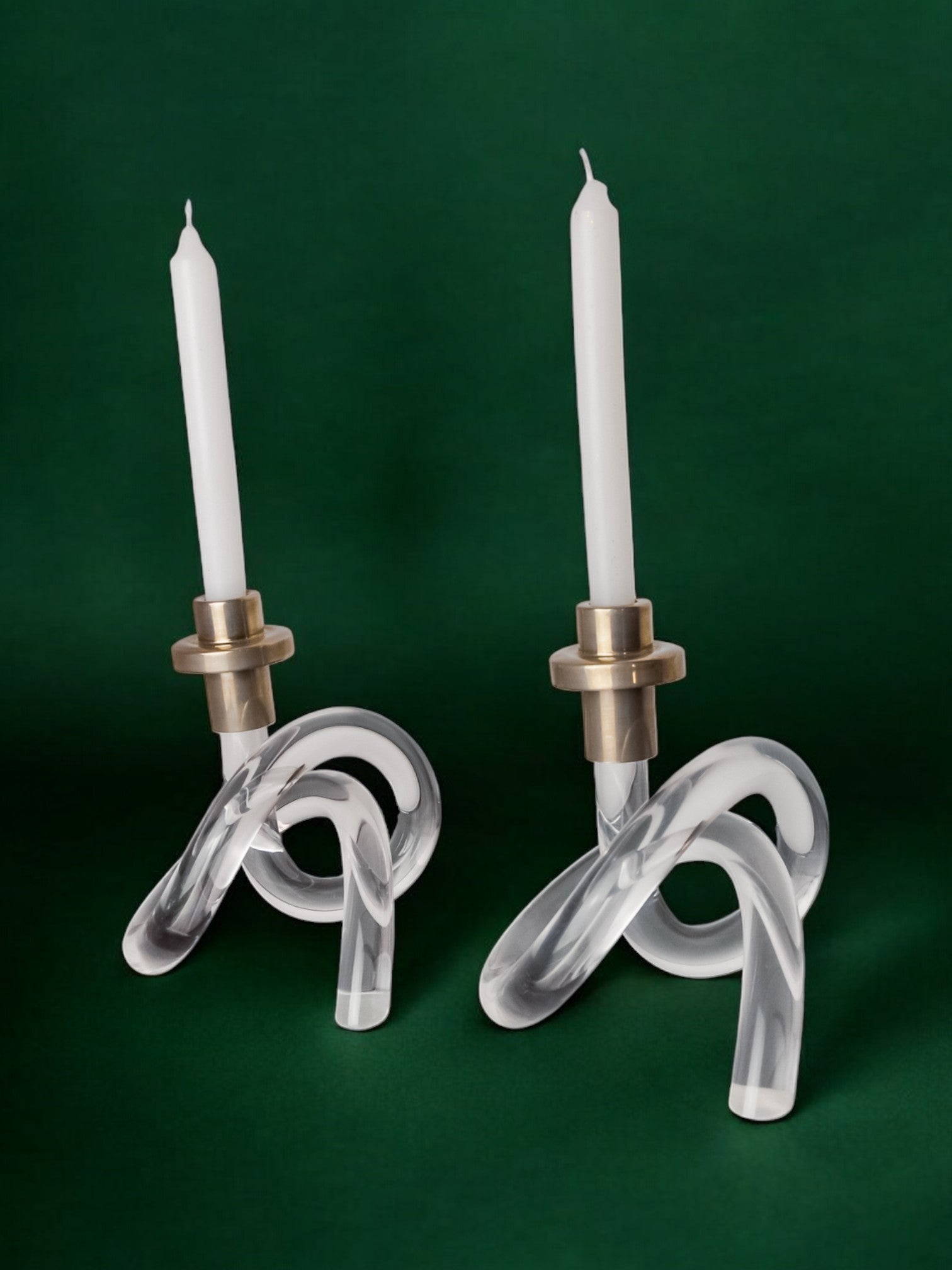 Pair of pretzel candlesticks by Dorothy Thorpe, Lucite and Gilt brass, 1970's — side angle