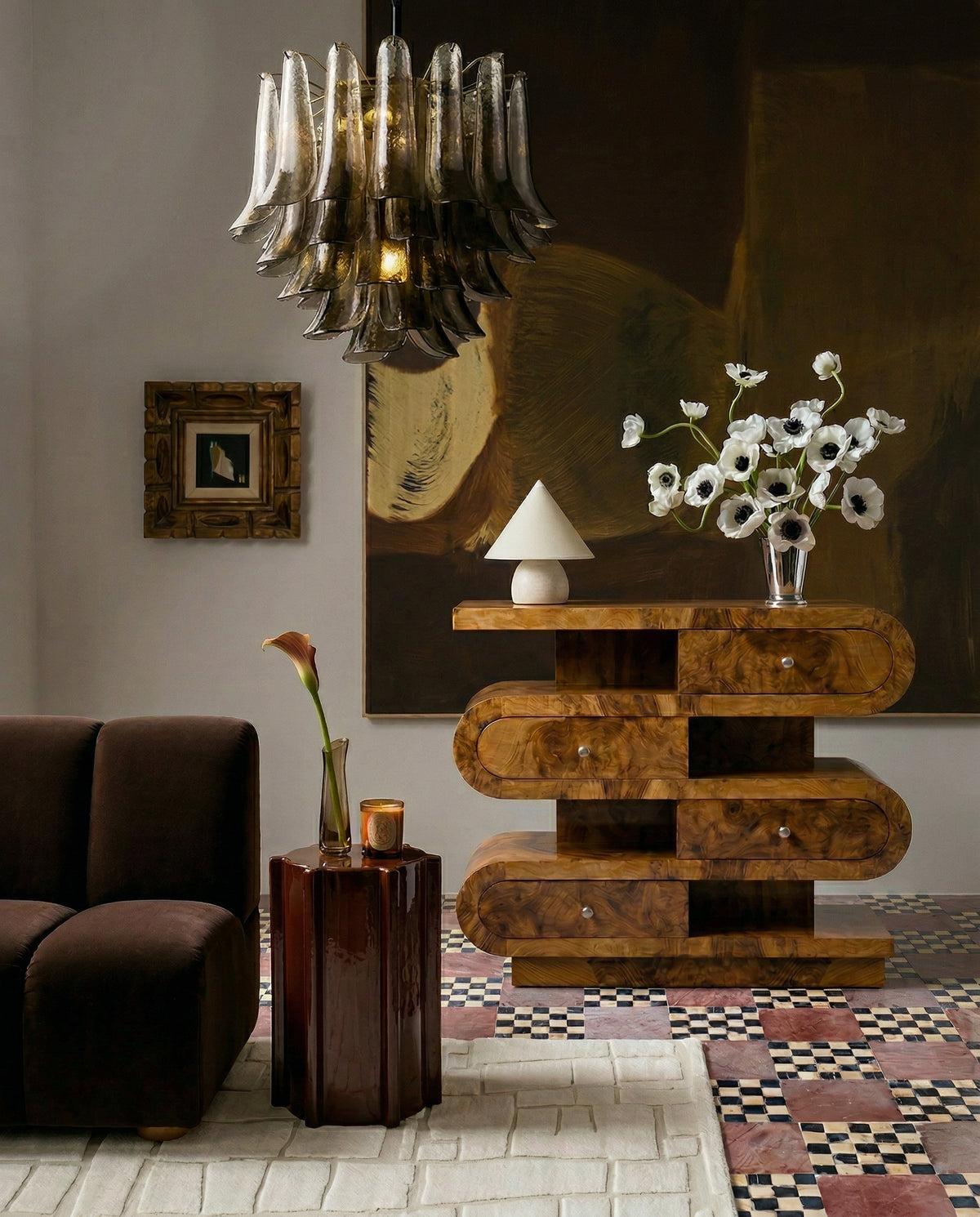 'Hebi Drawers' Olive Burl Wood Console — lifestyle setting