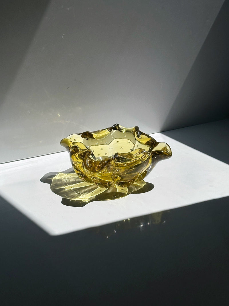 Golden Murano bullicante glass ashtray with organic scalloped edges