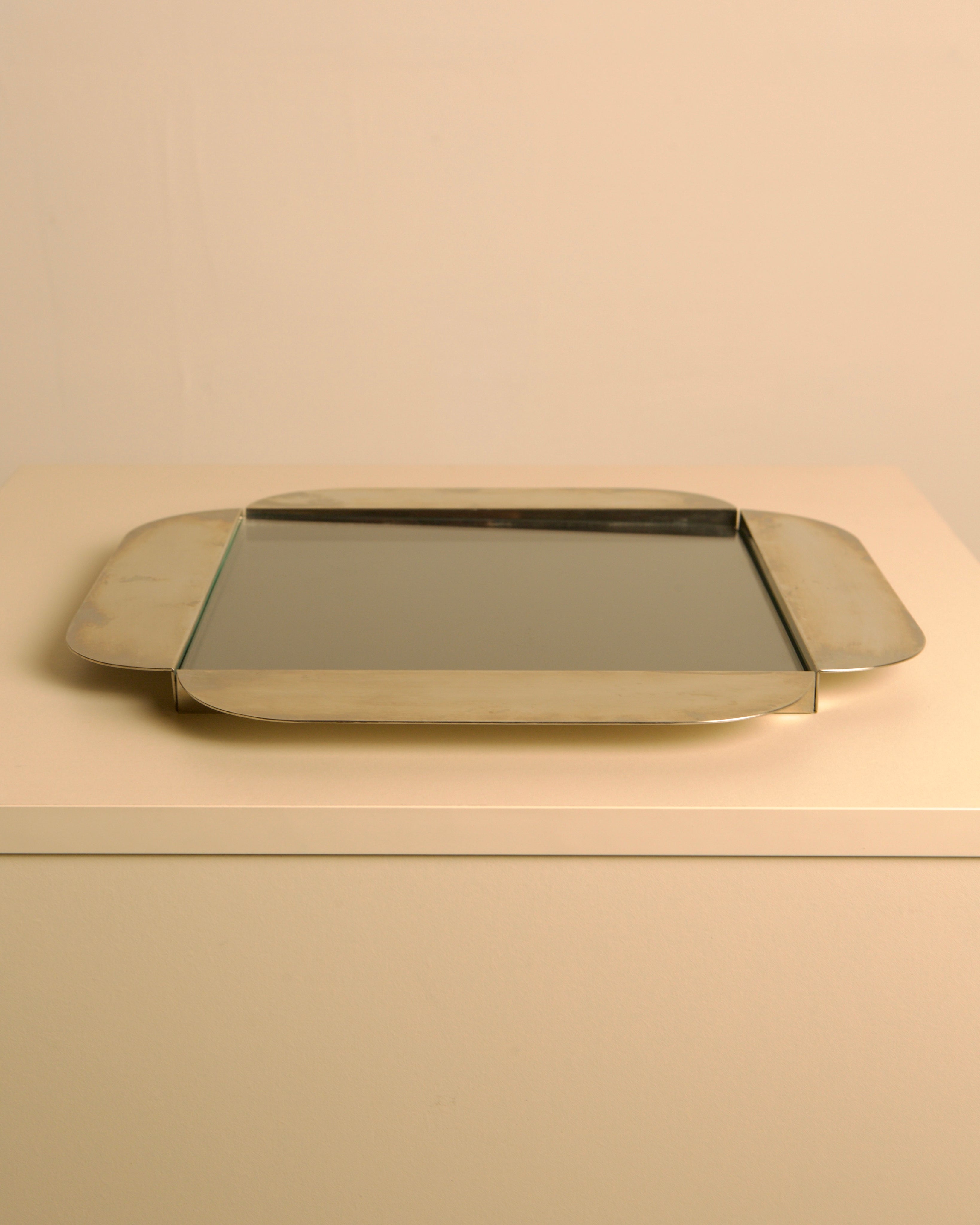 Large Italian Silver-plated Glass and Metal Tray by C&P Italia 70s — back view on neutral background