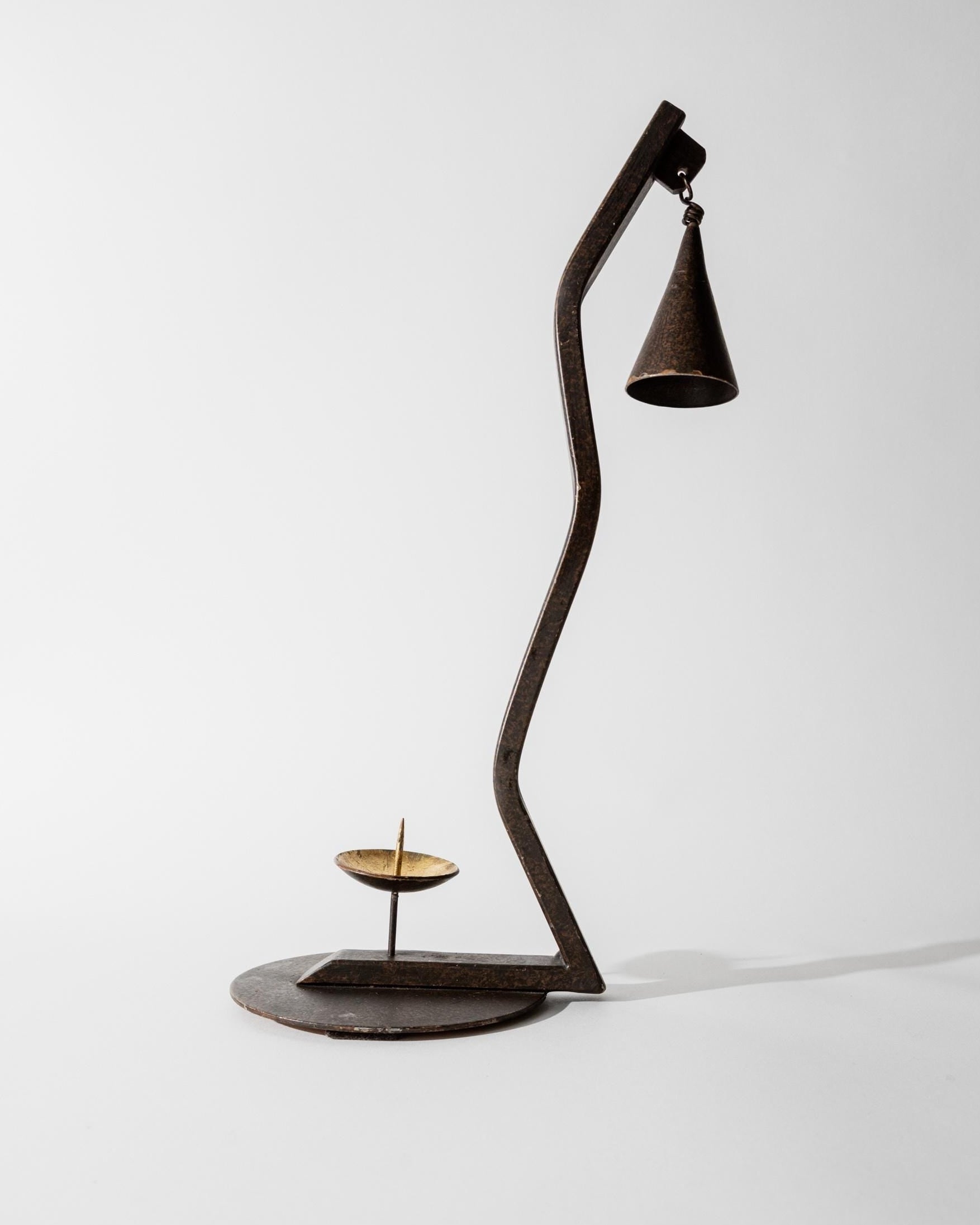 Vintage 1960s Hand forged Iron Candleholder, Zig Zag Design with Removable Candle Snuffer, Sculptural Metal Decor, Table Accent, Gift Idea by Bottega Jacobs