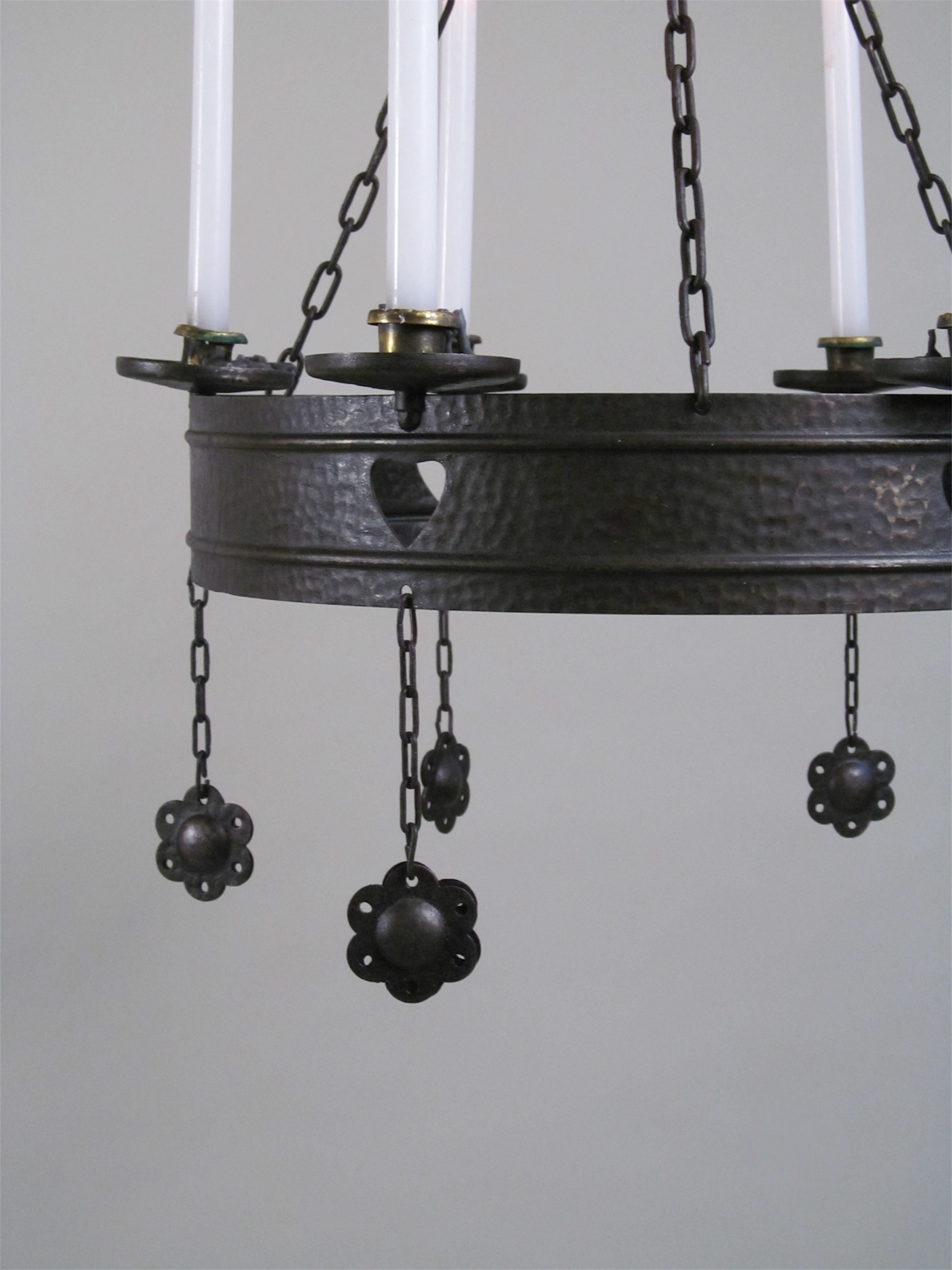 Art Nouveau Wrought-Iron Chandelier Early 20th century — side angle showing hanging floral accents
