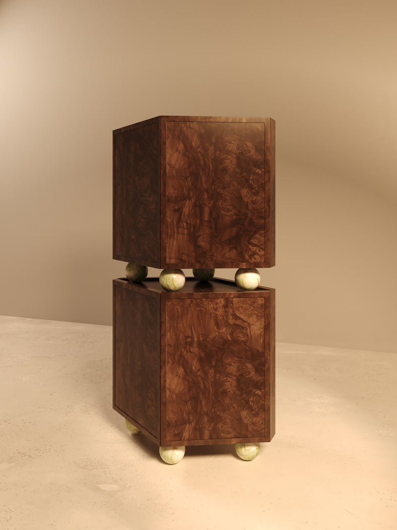 Stacked walnut cabinet with burl wood veneer and brass sphere feet