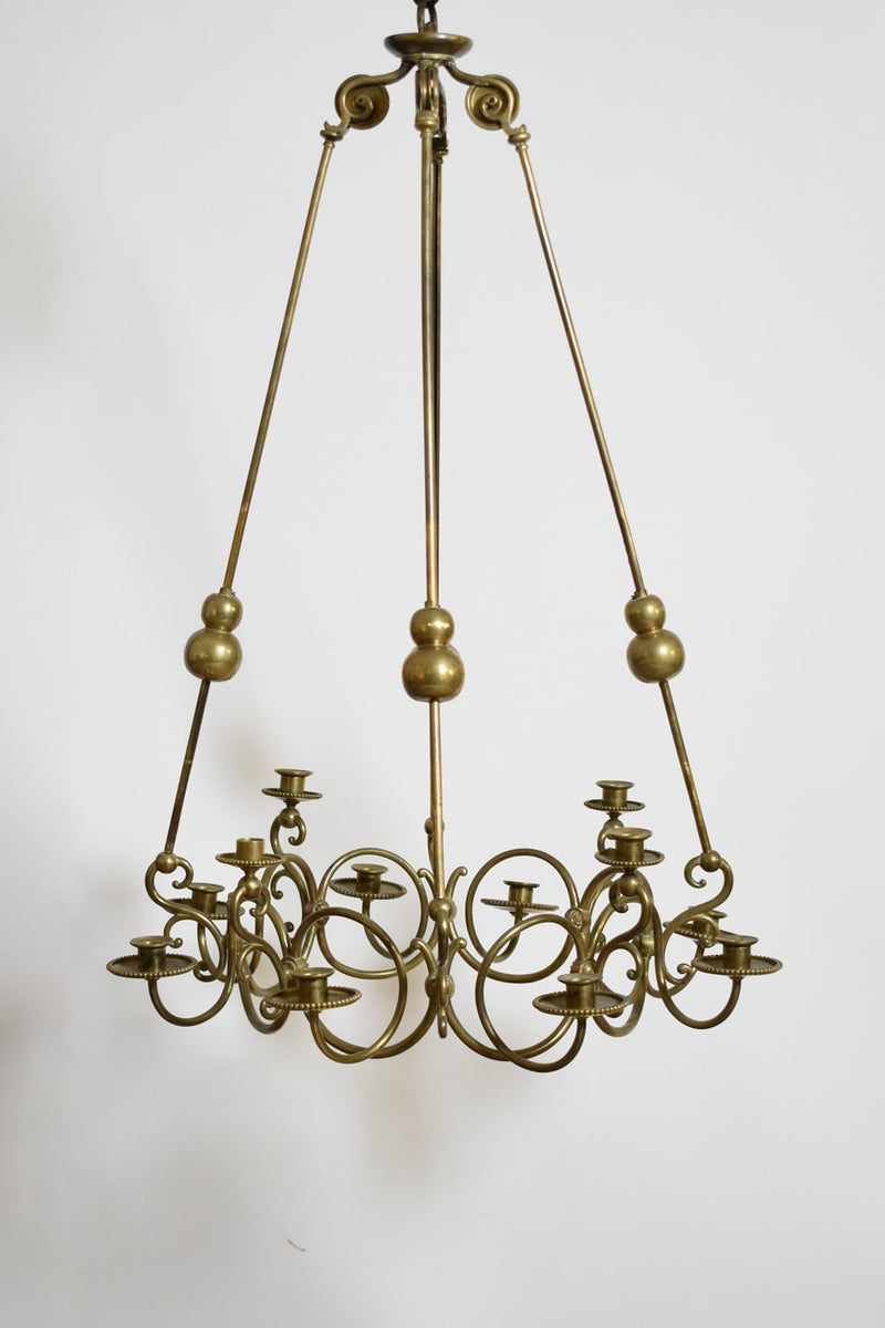 Bronze and Brass 12 Candles Ceiling Lamp, 19th c. — close-up of ornate brass detailing