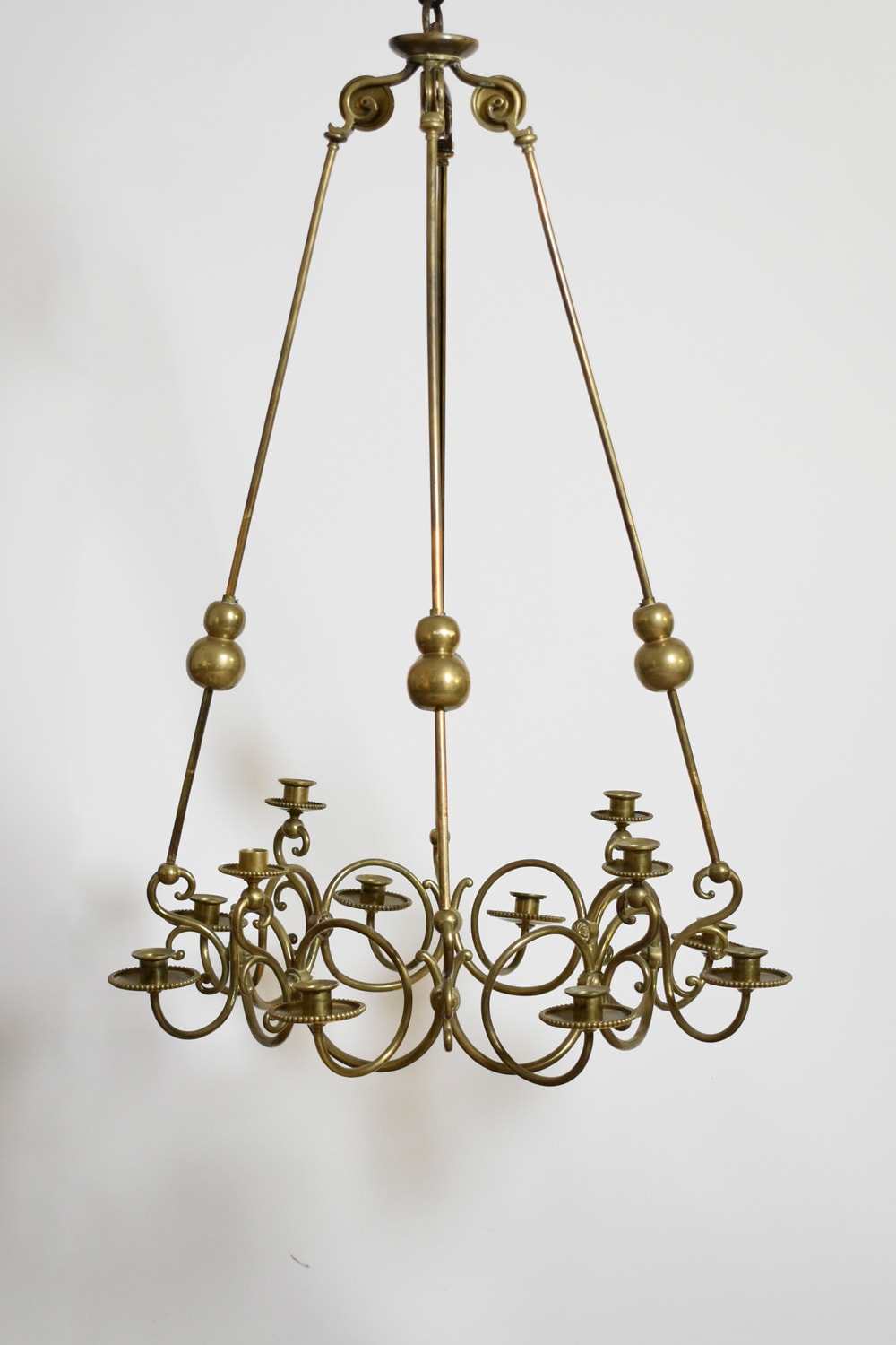 Bronze and Brass 12 Candles Ceiling Lamp, 19th c. — close-up of ornate brass detailing