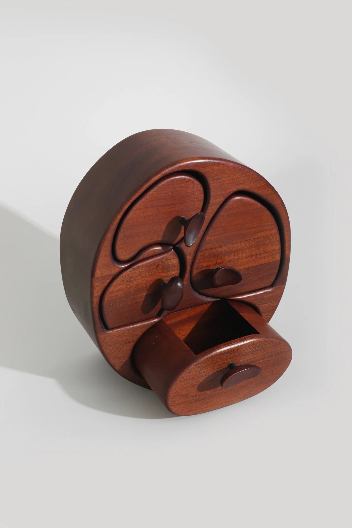 Mahogany Handmade Jewelry Box, Signed — side angle showing curved design and drawer