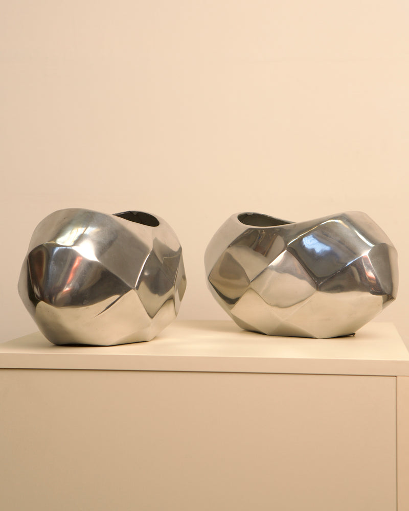 Pair of Italian cast aluminum Capsule vases, polished finish