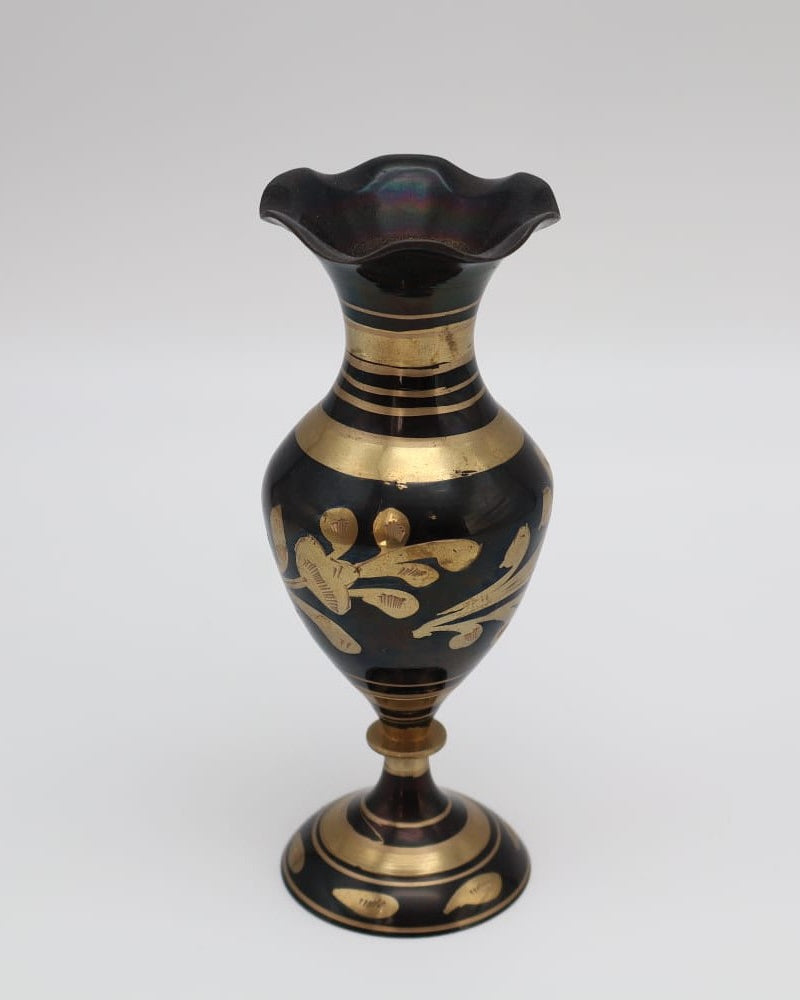 Mid-Century Hand-Etched Brass & Black Lacquered Vase (1970) — detail view