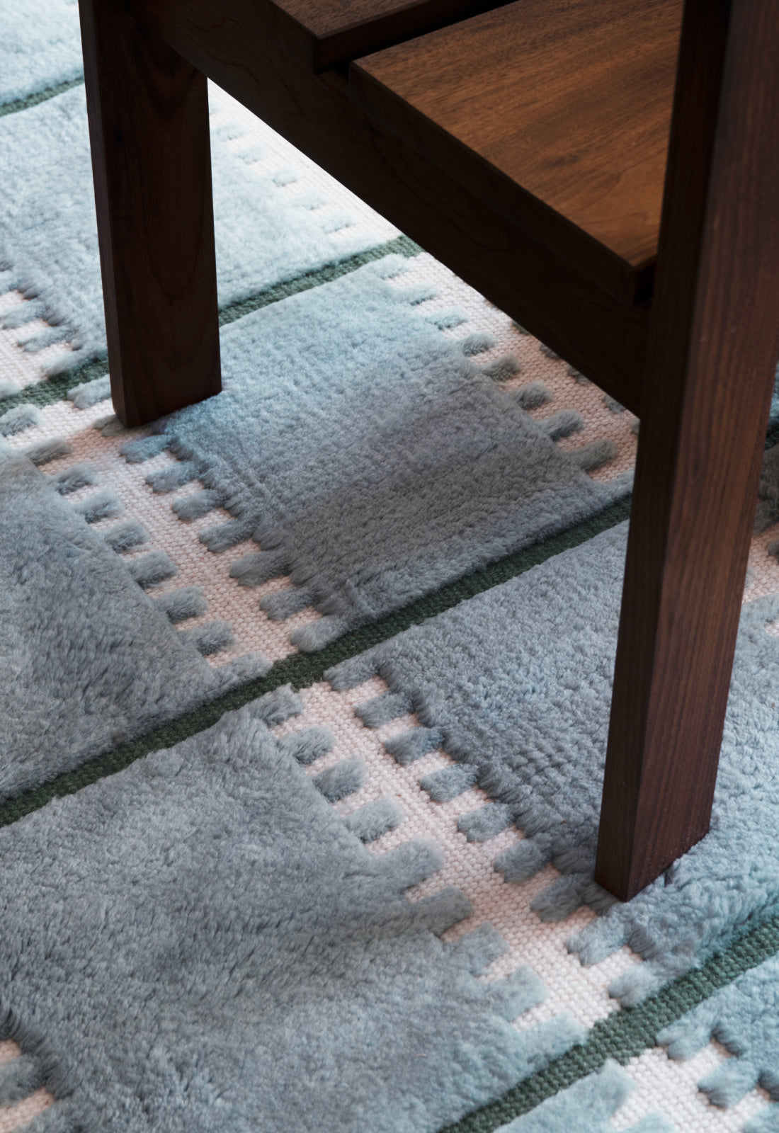 'Lilly' Handwoven Rug in New Zealand Wool, Blue — detail view