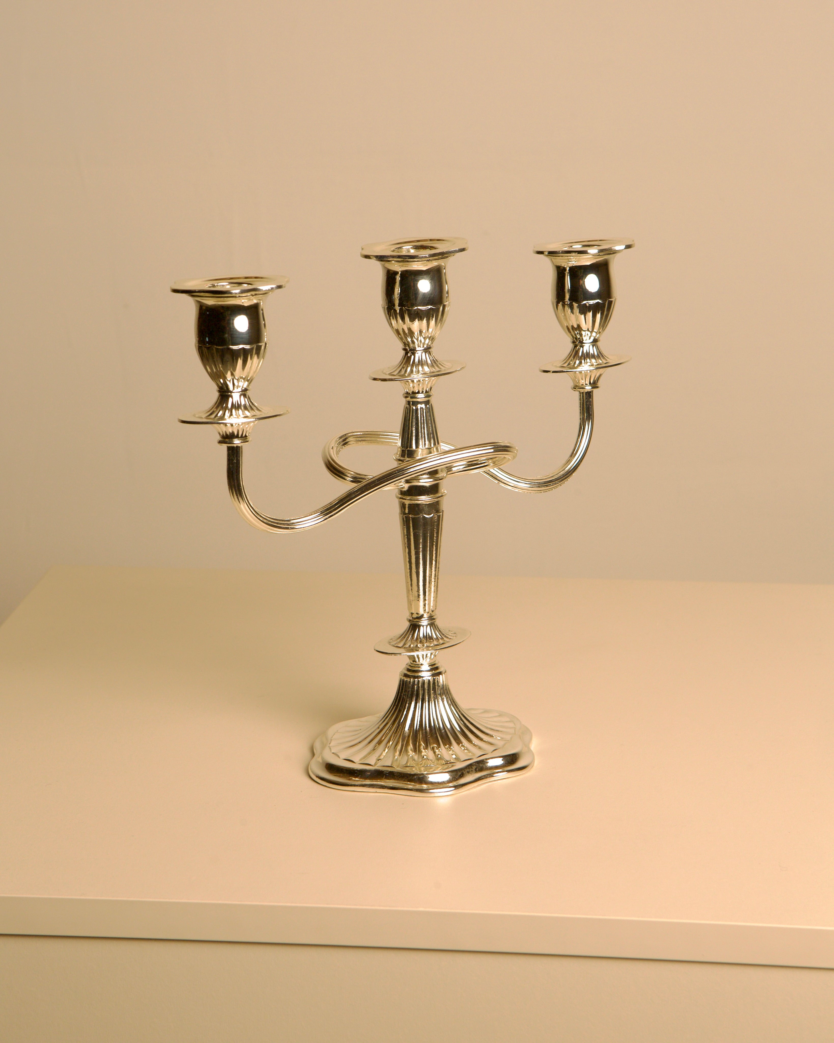 Italian gold-plated three-arm candelabra with fluted base design