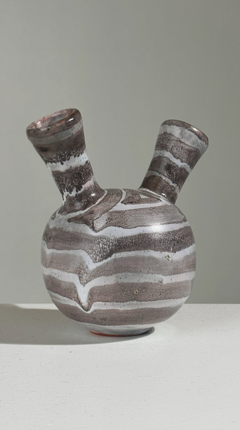 Double-neck ceramic vase with brown and white striped pattern