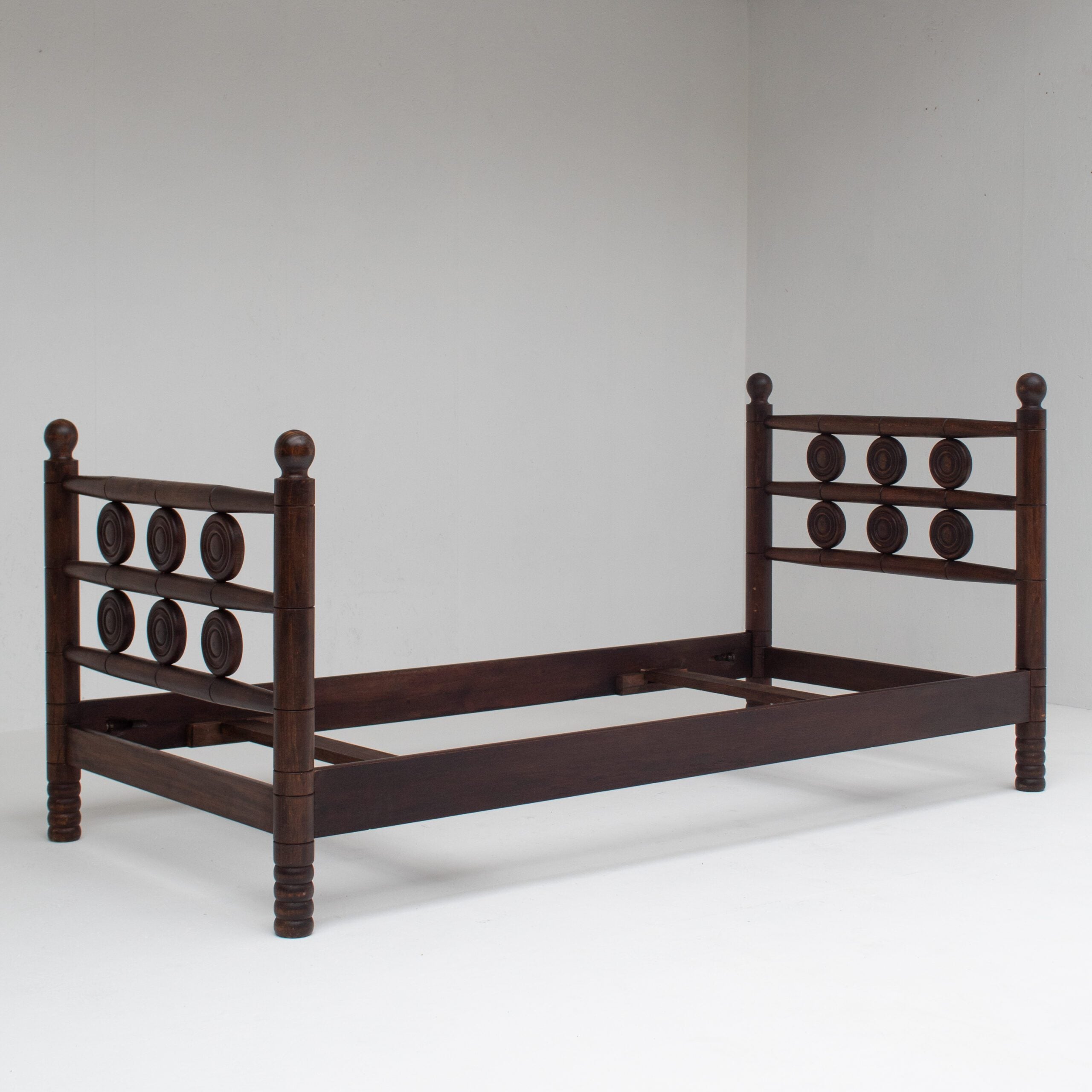 Mid-Century Wooden Bed with Sculptural Headboard — alternate view