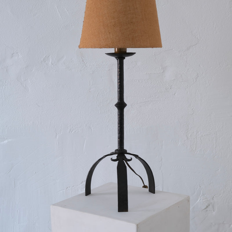 Brutalist Wrought Iron Table Lamp | 1970s — close-up of black iron base and shade
