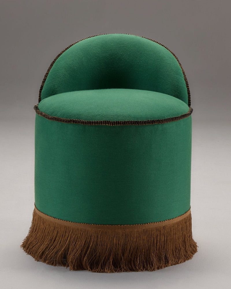 INFERI STOOL - CC'S REPP — front view of green upholstered stool with fringe