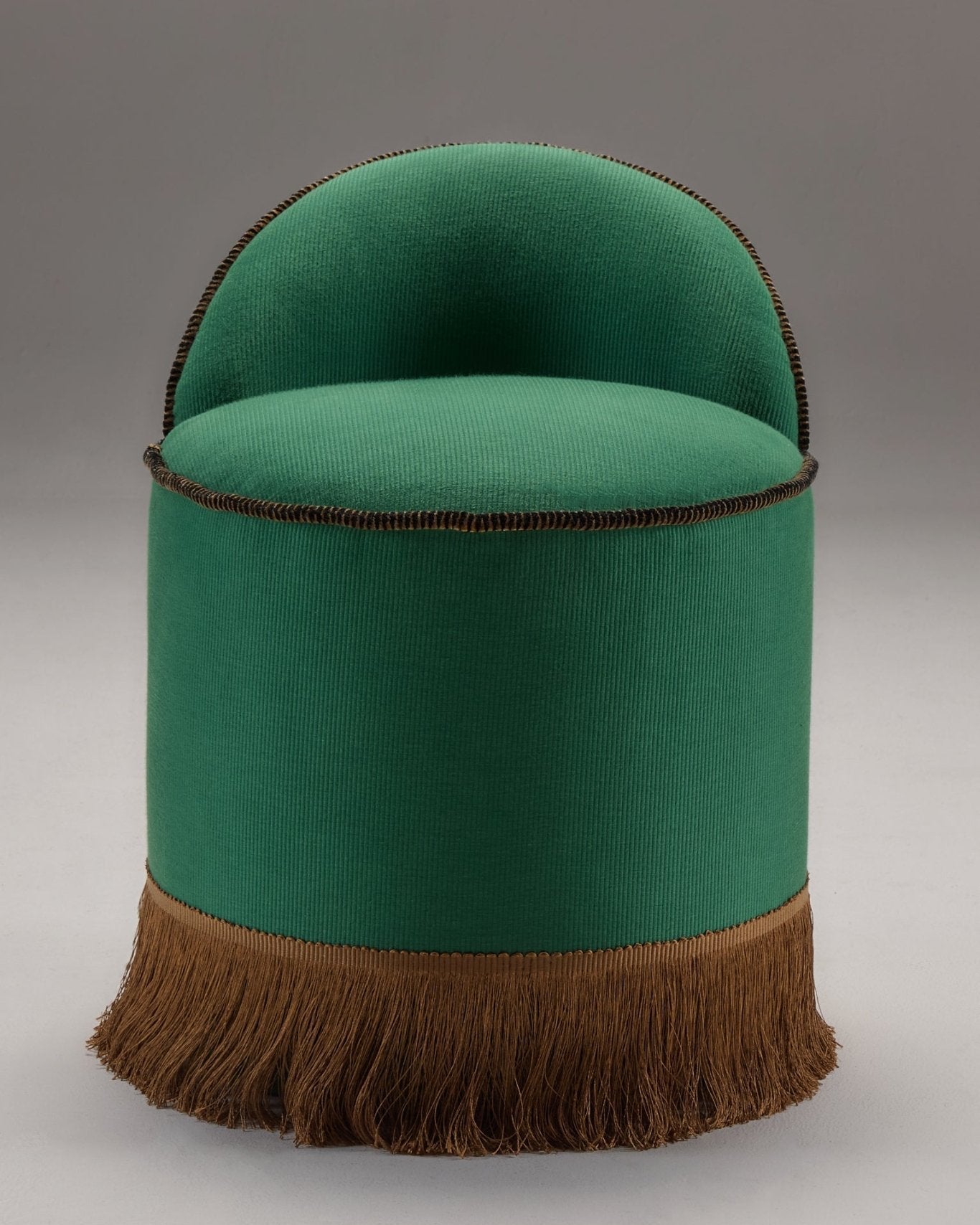 INFERI STOOL - CC'S REPP — front view of green upholstered stool with fringe