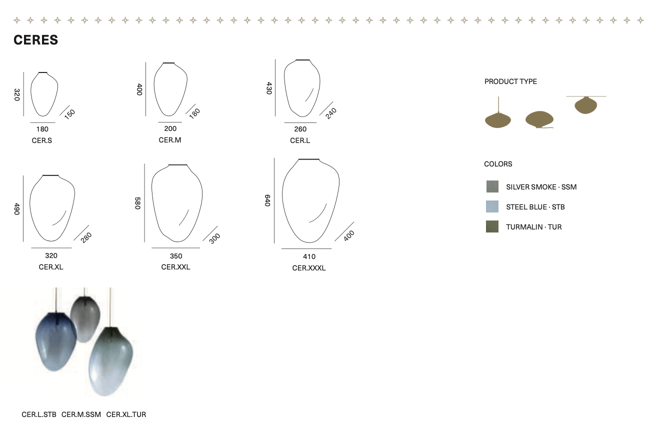 CERES pendant - size M (H:40cm), L (H: 43cm), XL (H:49cm) — diagram showing dimensions and color options