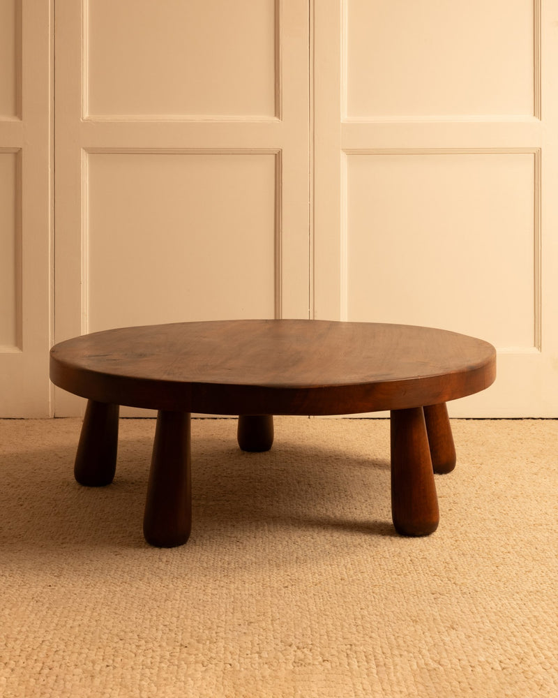 Round walnut coffee table with five cylindrical legs, French 1970s