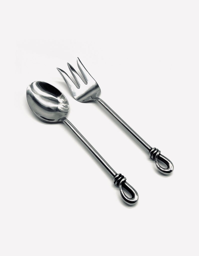 Vintage stainless steel salad servers with decorative ring handles