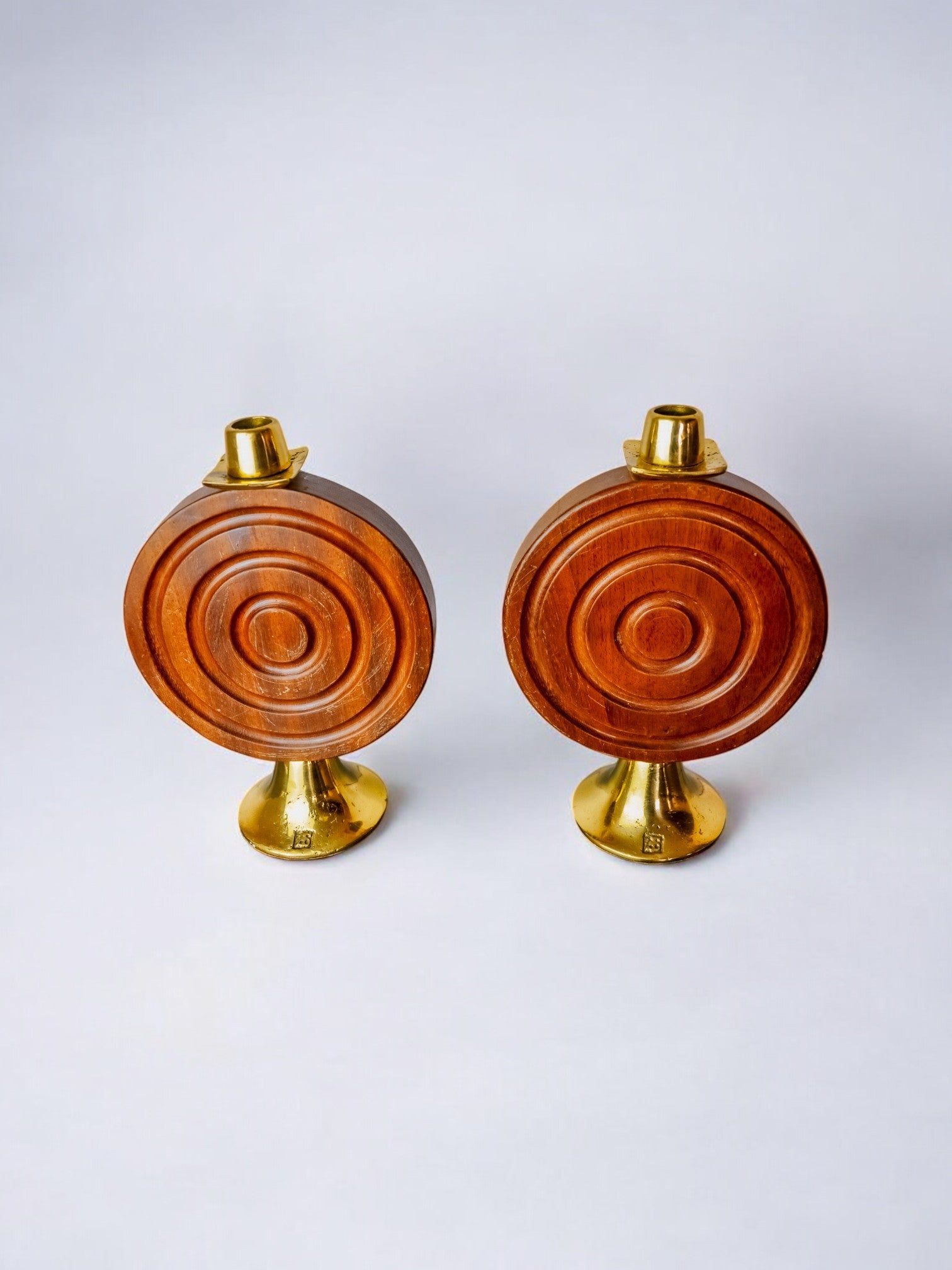 Pair of Brutalist Candleholders by Ardisur, Spain, 1970s — side angle showing wooden and brass materials