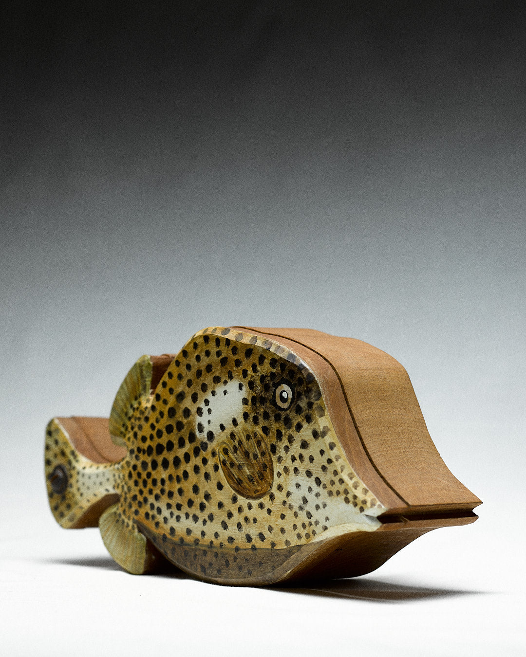 hand painted wooden box, fish — angled view highlighting intricate fish design