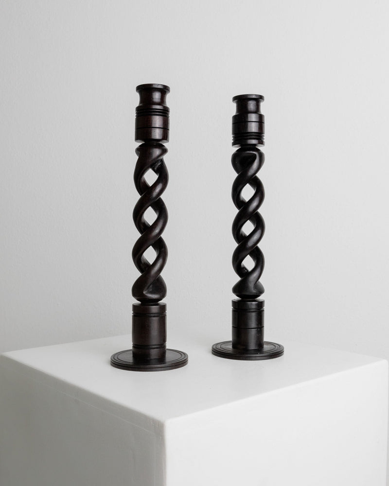 Set of 2 Candle Holders in Dark Wood, Italy 1970s — close-up of twisted wood design
