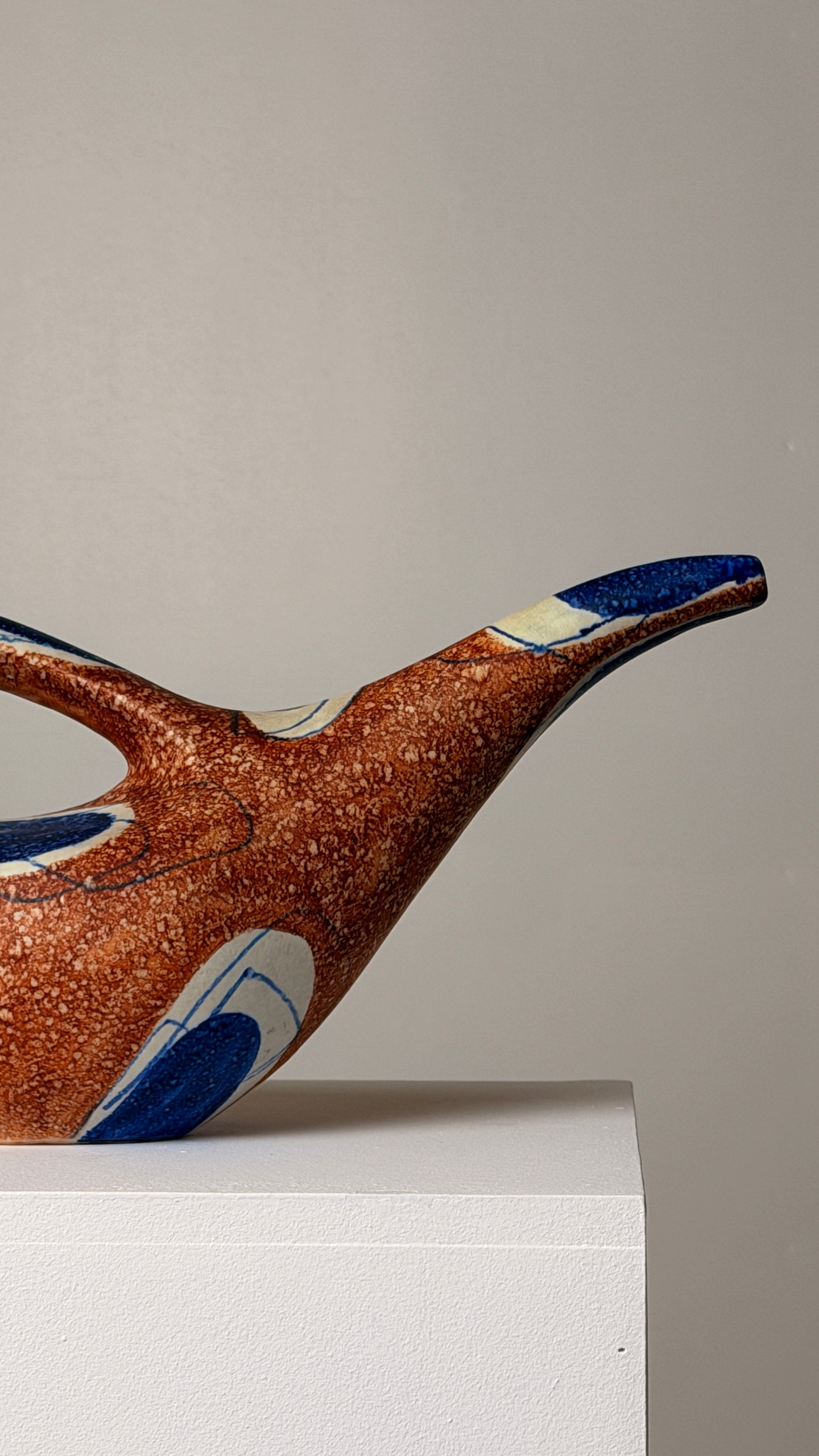 Ceramic Pitcher, Italy, circa 1950. — side view highlighting textured brown and blue glaze