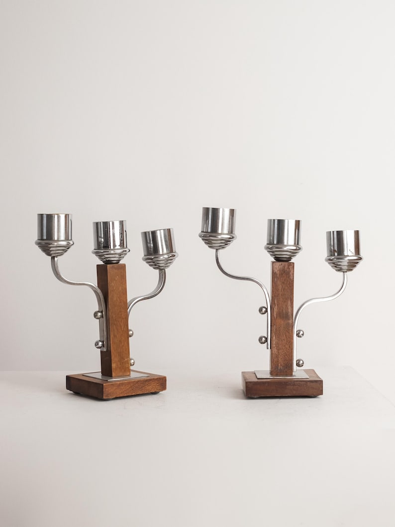 Art Deco Candle Holders Pair, Vintage Metal and Wood Candlesticks — side angle