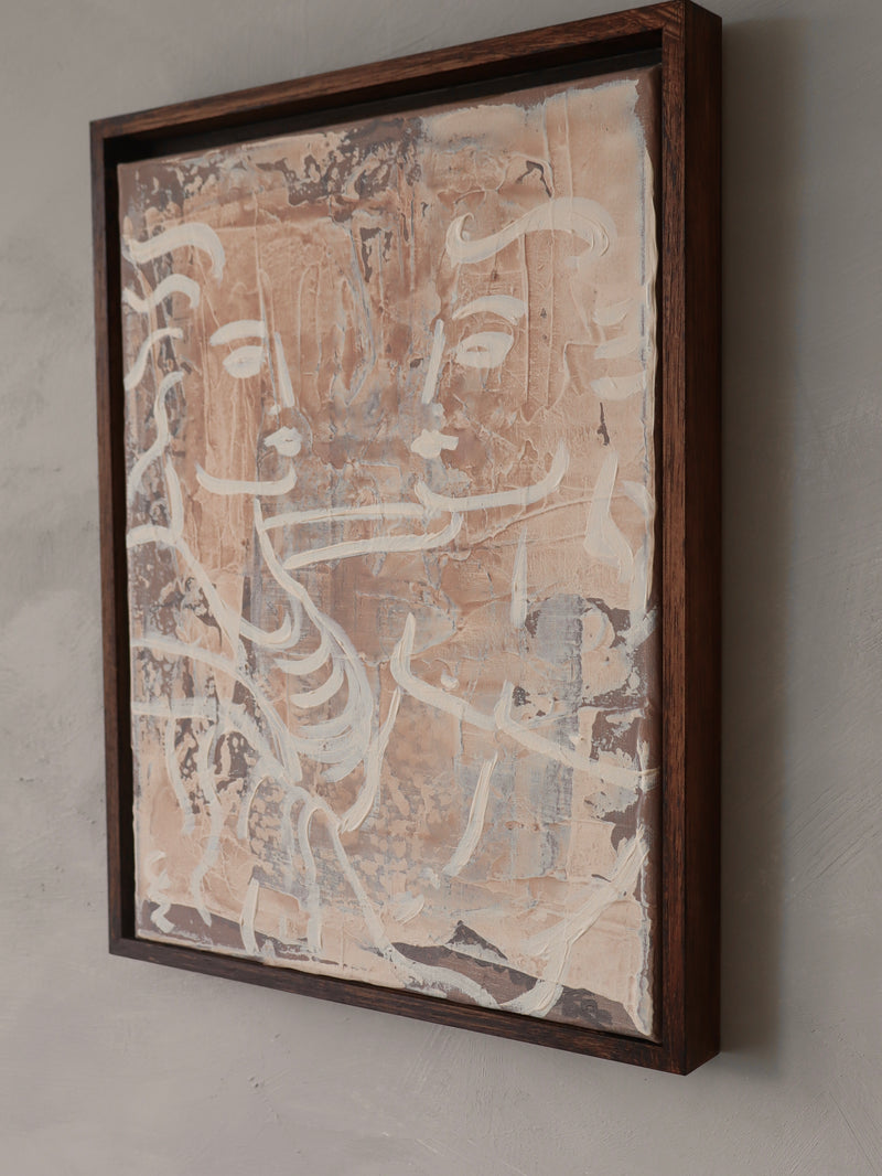 Abstract contemporary painting with weathered peach tones and white brushstrokes by Claire de Wolf