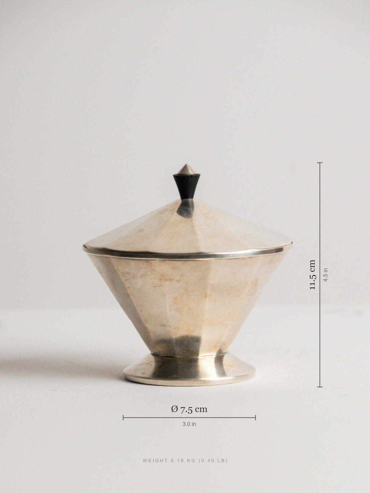 Wellner Faceted Conical Lidded Sugar Bowl in Silver-Plated Alpacca, German Art Deco, 1930s — detail view