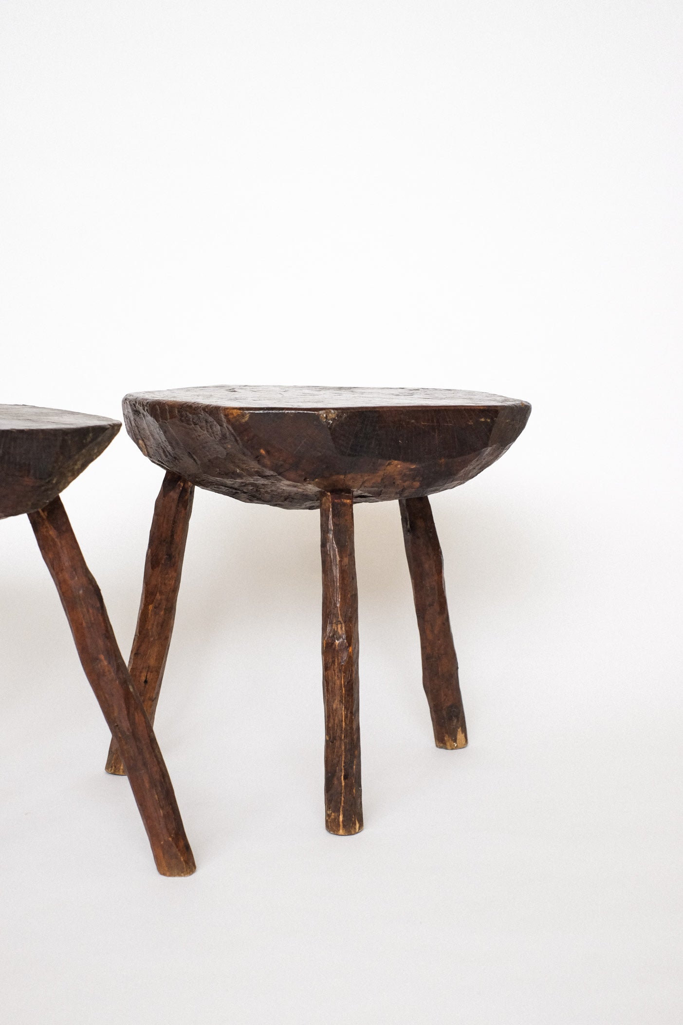 Pair of Vintage Wooden Tripod Stools — detail view