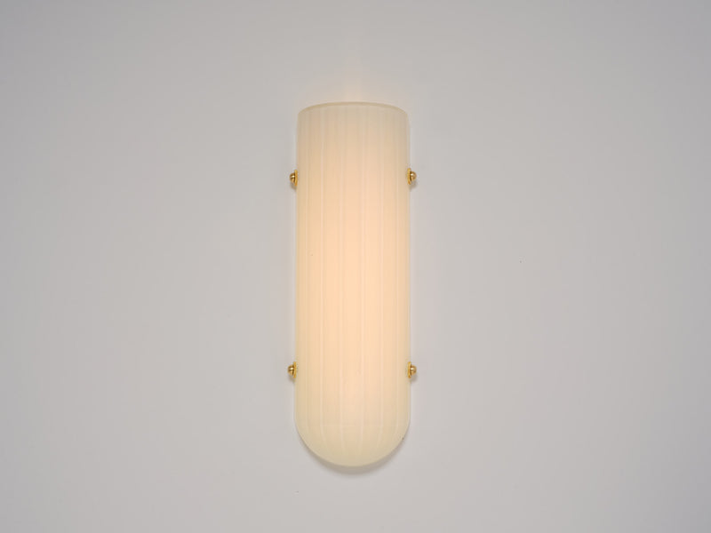 Selene Blown Glass Quartz Wall LED Wall Sconce with Brass Metal Hardware — back view showing light diffusion and brass hardwa