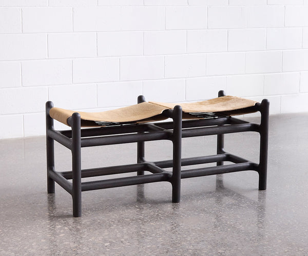 2-Seater Hair on Hide Lyndoe Bench — top view of leather seat on black frame