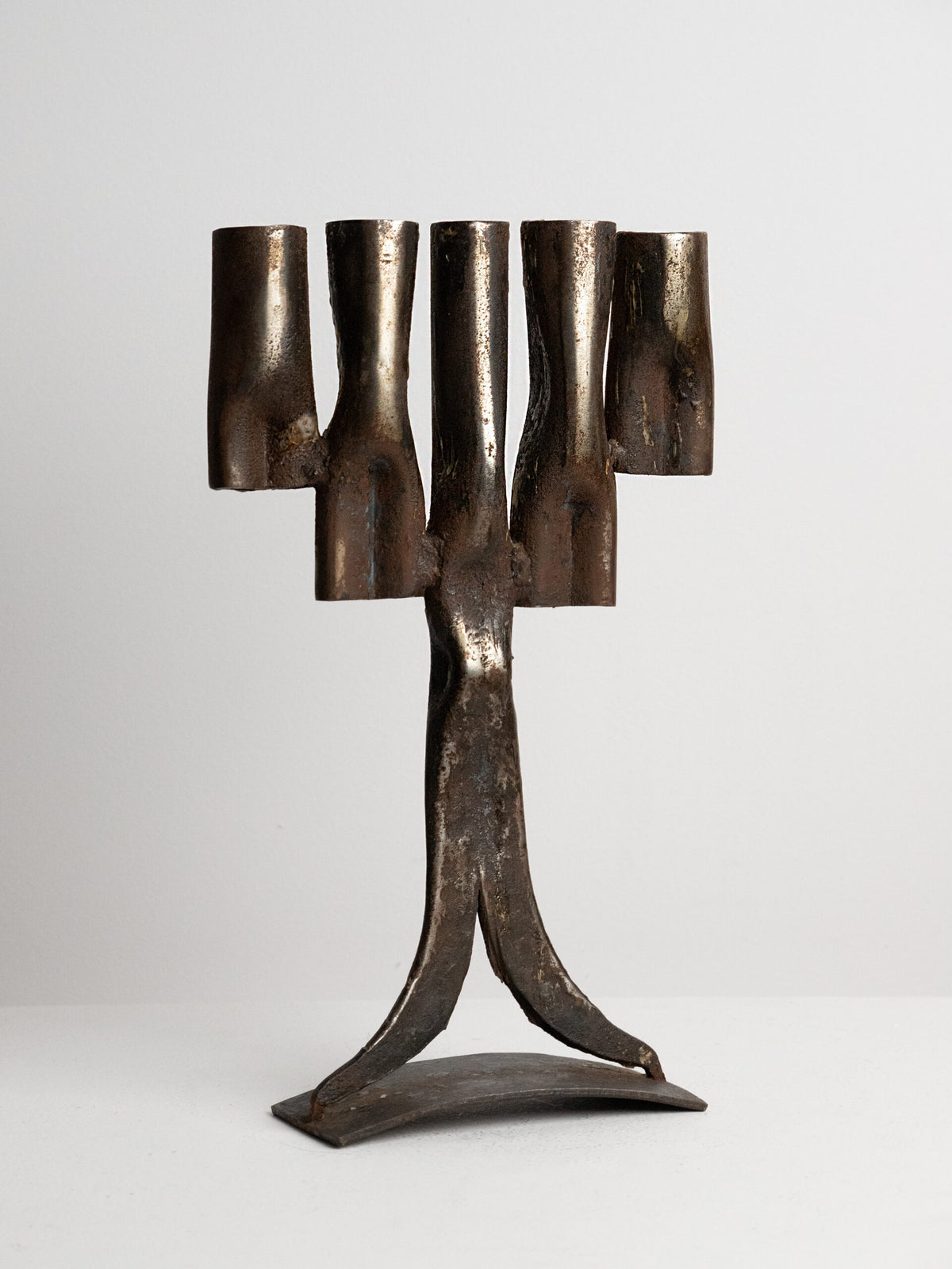 Tree-Form Brutalist Candelabra in Welded Iron, Five Arms, 1960s–1970s — side angle