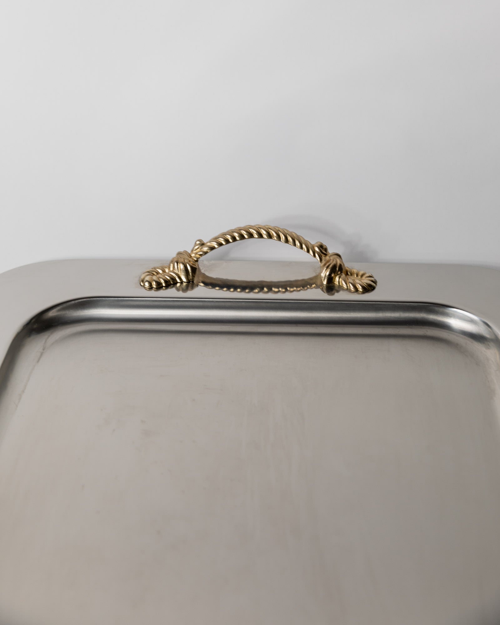 1980s Stainless Steel Tray, Gold Rope Handles by Inoxpran, Italy