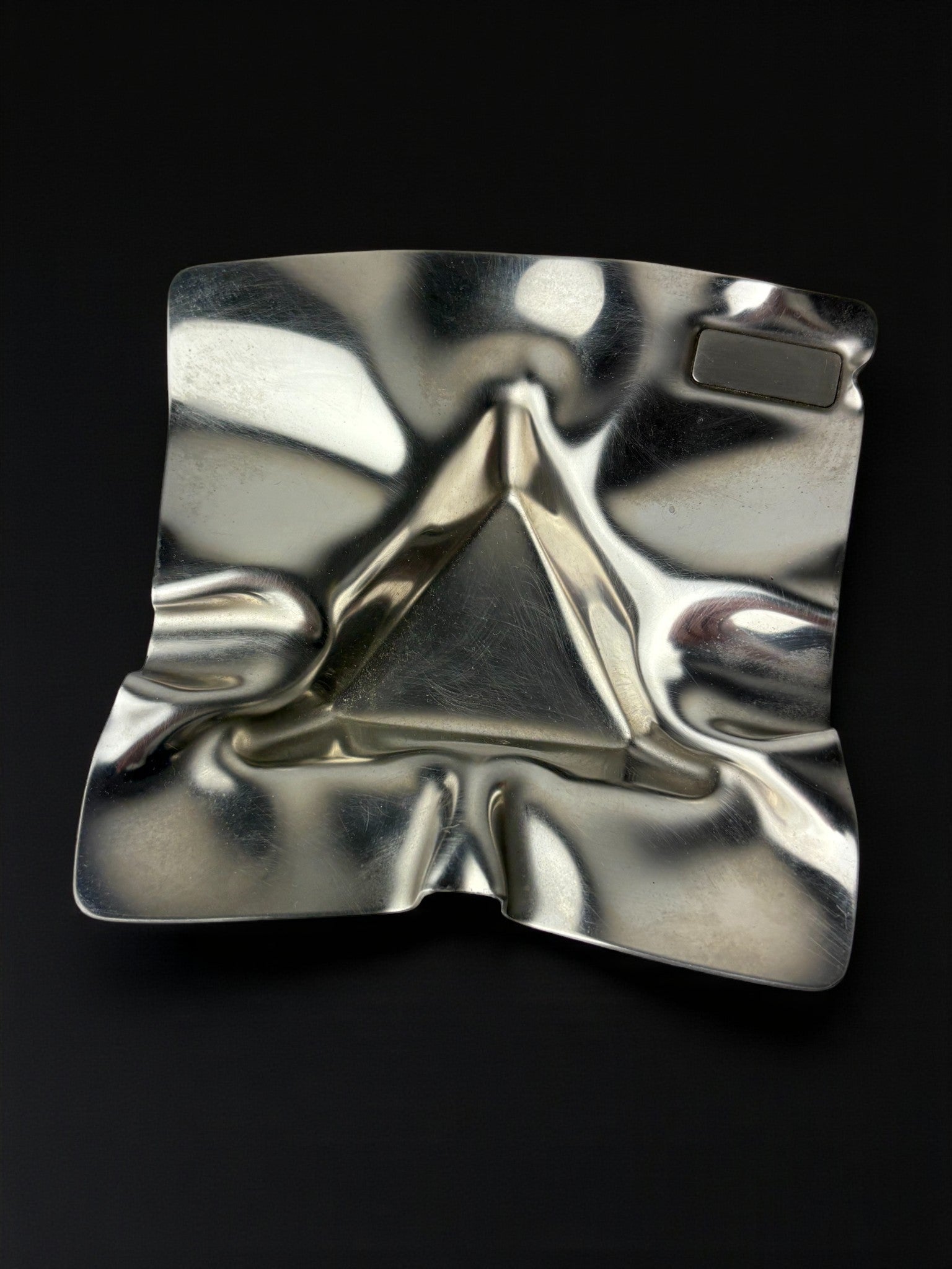 Biomorphic Ashtray, Stainless Steel, Spain, 1970s — top view of crumpled metallic surface